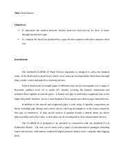 Report Lab Fluid Mechanics Docx Title Fluid Friction Objectives To