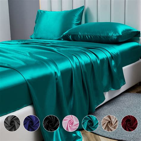 Anminy Full Size Silky Satin Bed Sheet Set In Turquoise Deep Pocket