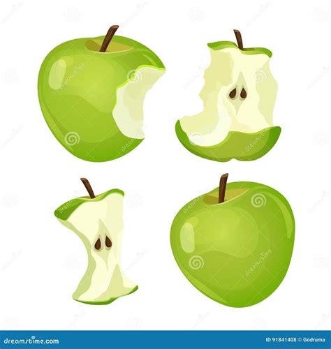 Stages Of Whole And Bitten Apple Isolated On White Background Stock