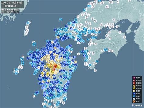 地震情報 2016年04月16日 01時45分頃発生 最大震度：6弱 震源地：熊本県熊本地方拡大画像 日本気象協会 Tenkijp