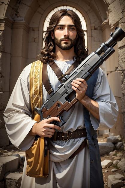 Jesus Christ Holding A Gun Premium Ai Generated Image