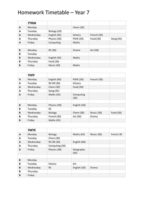 King Edward VI Five Ways Schoo HomeWork Timetable Year 7 9 Page 1