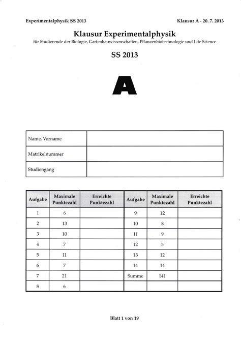 Altklausur 20 Juli Summer 2013 Fragen Experimentalphysik SS 2013