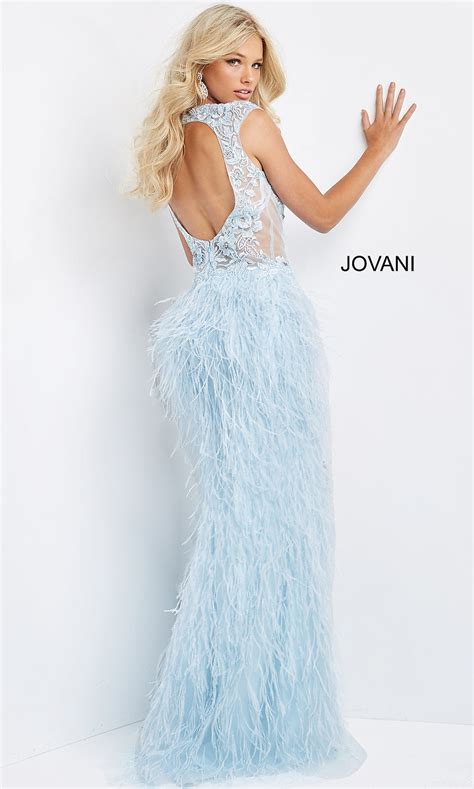 Jovani Long Sheer Bodice Feather Prom Dress Promgirl