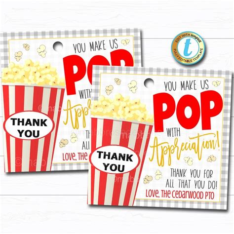 Popcorn Gift Tag Volunteer Teacher Staff Employee School Pto Pta