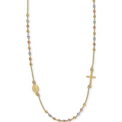 14k Tri Color Sideways Cross Beaded Rosary Style Necklace