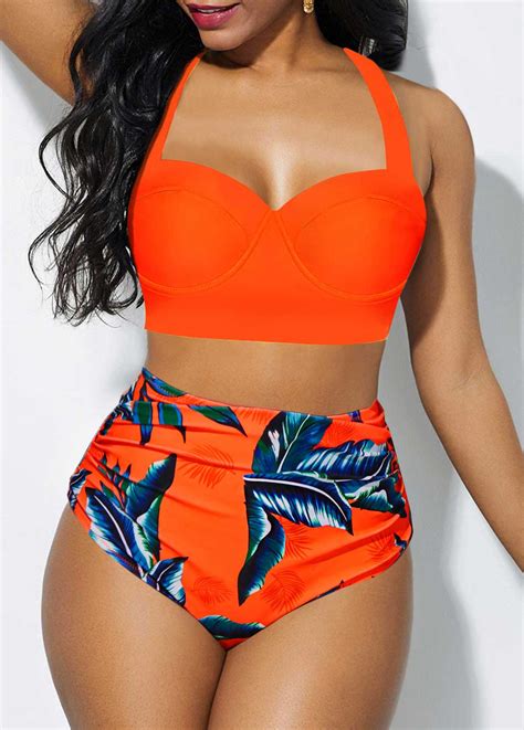 Orange High Waisted Tropical Print Bikini Set Rosewe Usd