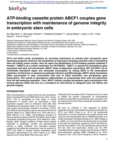 Pdf Atp Binding Cassette Protein Abcf1 Couples Gene Transcription With Maintenance Of Genome