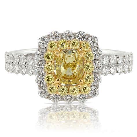 Fancy Yellow Cushion Diamond Halo Engagement Ring 18k White Gold Nagi