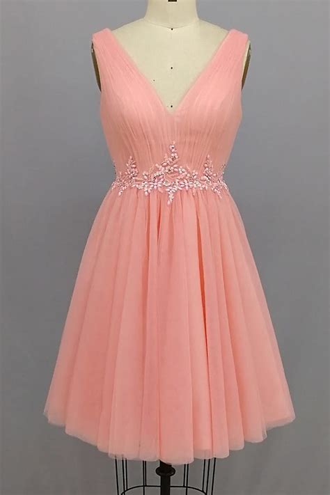 Robe de cocktail rose saumon décollleté V en tulle Persun fr