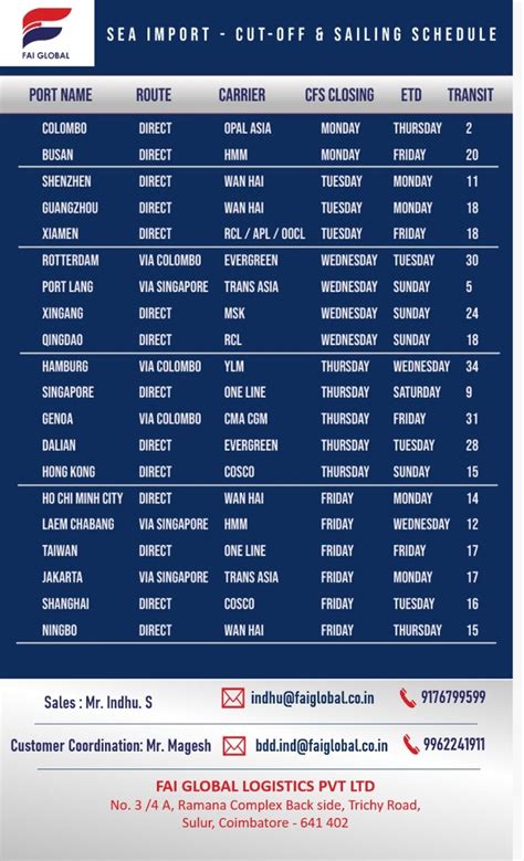 weekly schedule fai global logistics pvt  friendly