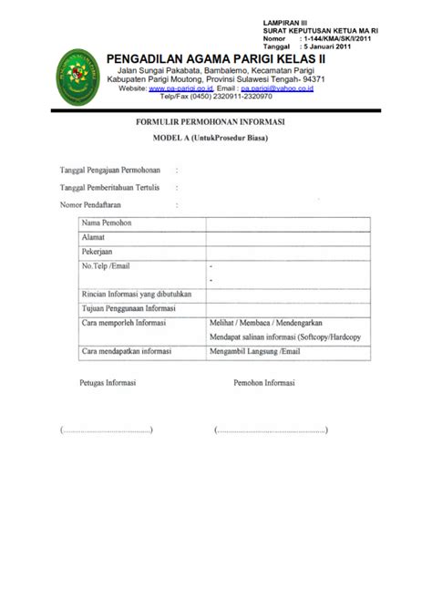 Contoh Formulir Permintaan Informasi