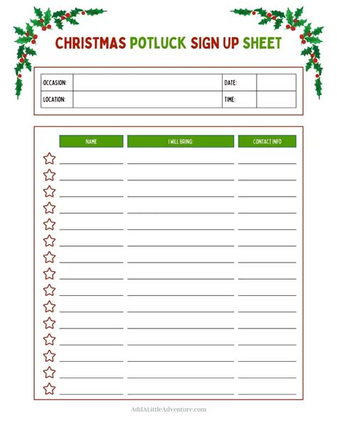 Potluck Sign Up Sheet Template Christmas Printable Printable Free