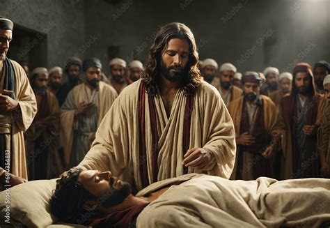 Jesus Heals A Sick Man With People Gathering Around To Witness The