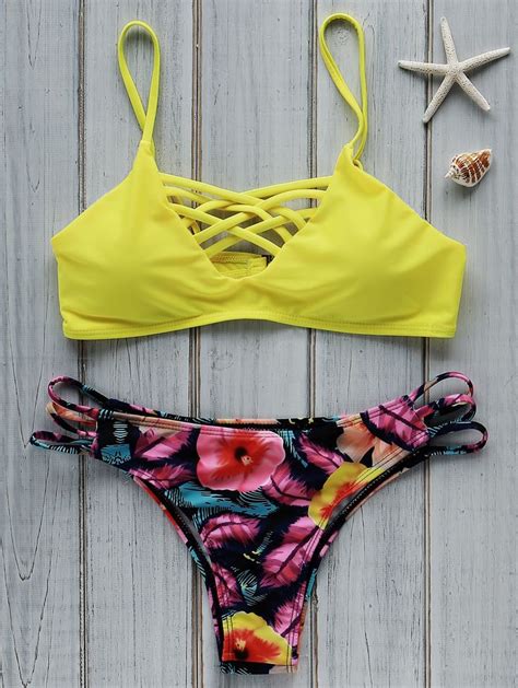 Criss Cross Cami Floral Bikini Set Colormix Yellow Bikini Set Yellow