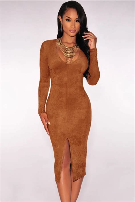 Mocha Faux Suede Long Sleeves Slit Dress Deep V Neck Dresses Roupas