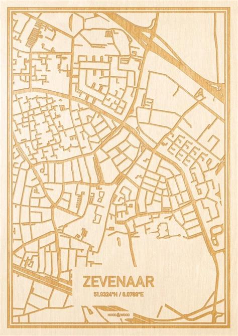 Kaart Zevenaar Gegraveerde Stadskaart Hood Wood Hout A4 Bol