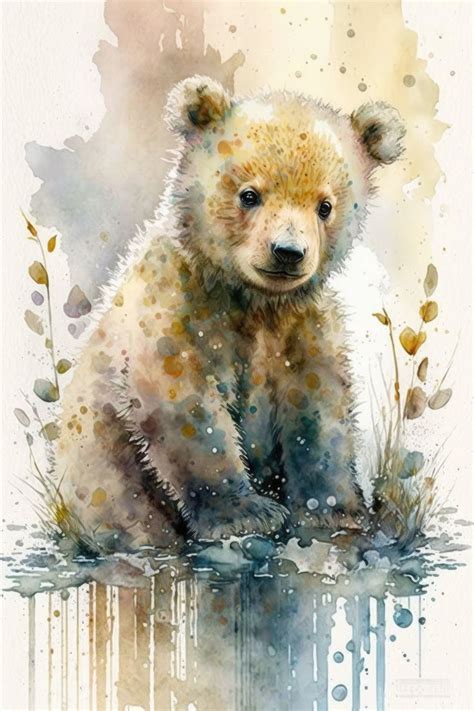 Grizzly Bear Cub Water Color Painting, Wall Art, Digital Print, Digital ...