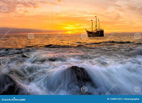 Ocean Sunset Pirate Ship Fantasy Stock Image Image Of Mast Sailboat