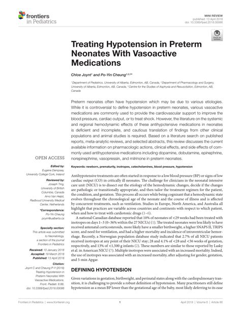 Pdf Treating Hypotension In Preterm Neonates With Vasoactive Medications