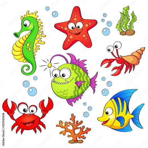 Set of cute cartoon sea animals isolated on white background Stock ...