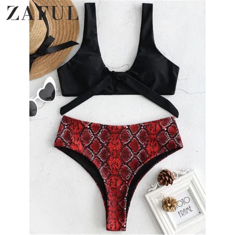 ZAFUL Snakeskin Bikini Swimwear Women High Cut Swimsuit Sexy Halter