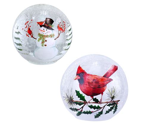 Rcs Set Of 2 Snowman And Cardinal Crackle Glass Led Globes