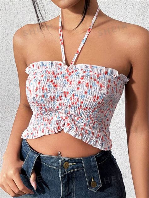 Shein Qutie Women S Floral Print Halter Crop Top With Wrap Front Slim