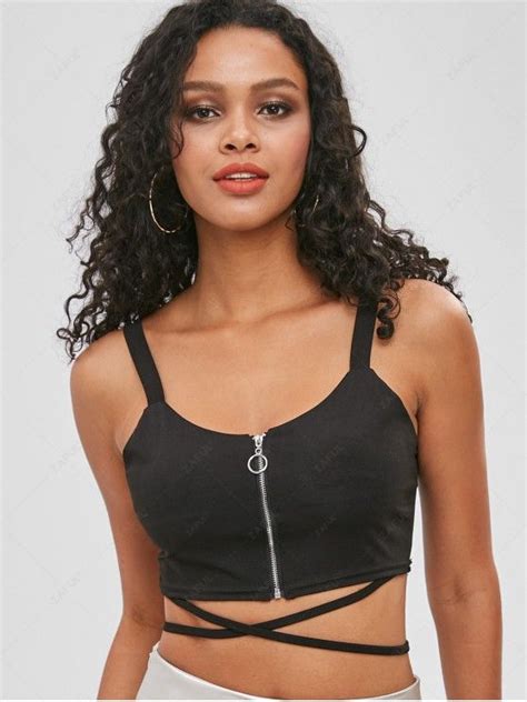 22 OFF 2021 Front Zipper Criss Cross Crop Tank Top In BLACK ZAFUL