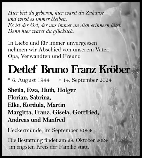 Traueranzeigen Von Detlef Bruno Franz Kr Ber Trauer Nordkurier