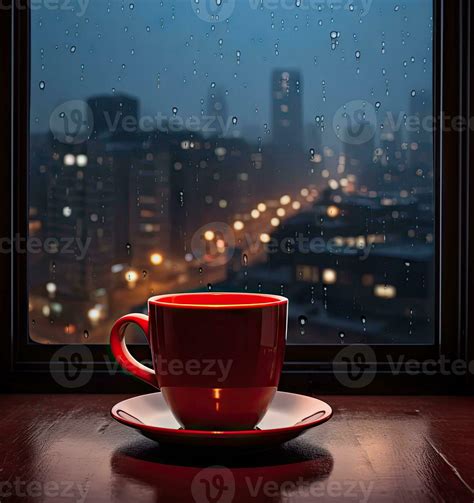 a cup on the windowsill outside the rain window created with technology