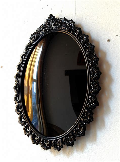 Black Convex Scrying Mirror In Vintage Oval Frame By