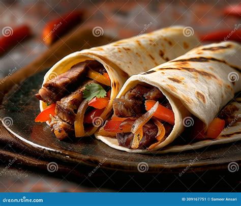 Plate With Two Pork Meat Tortilla Wraps Traditional Mexican Food Pic