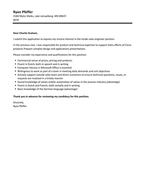 Inside Sales Engineer Cover Letter Velvet Jobs