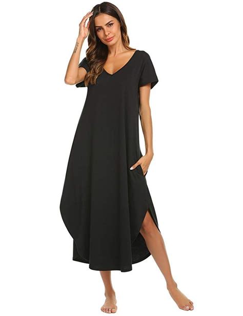 Ekouaer Nightgown Womens V Neck Long Nightshirt Short Sleeve Sleepwear