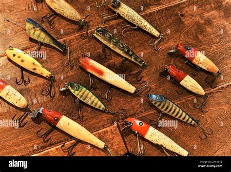Wooden Vintage Colorful Fishing Lures Stock Photo Alamy