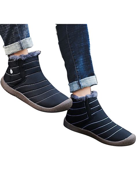 Wodstyle - Men's Fur Lined Snow Boots Winter Warm Ankle Slip On Booties Anti-Slip Shoes ...