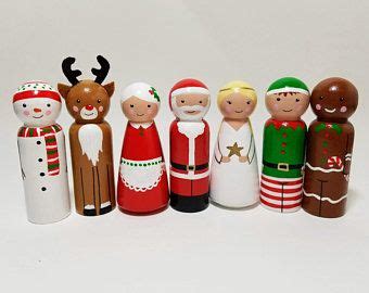 Christmas Peg Doll Set Seven Large Hand Painted Peg Dolls Wooden