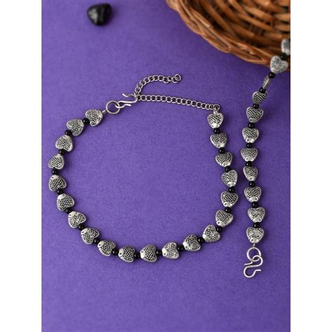 Silvermerc Silver Plated Fish Charm Beaded Oxidised Anklet