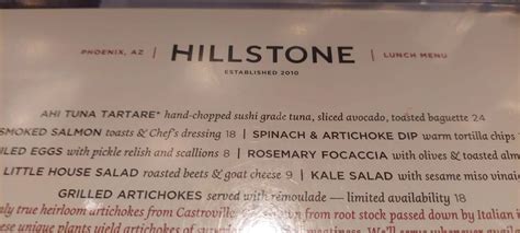 Menu at Hillstone Restaurant, Phoenix, E Camelback Rd