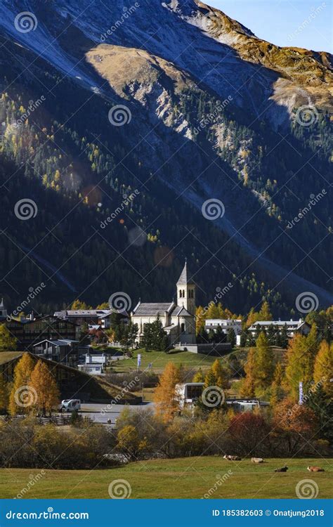 Beautiful Landscape View Of Sulden Small Town At Bolzano Italy In Autumn Nature Background Stock