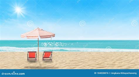 Beach Chair And Umbrella On Sand Beach With Beautiful Seascape View Of