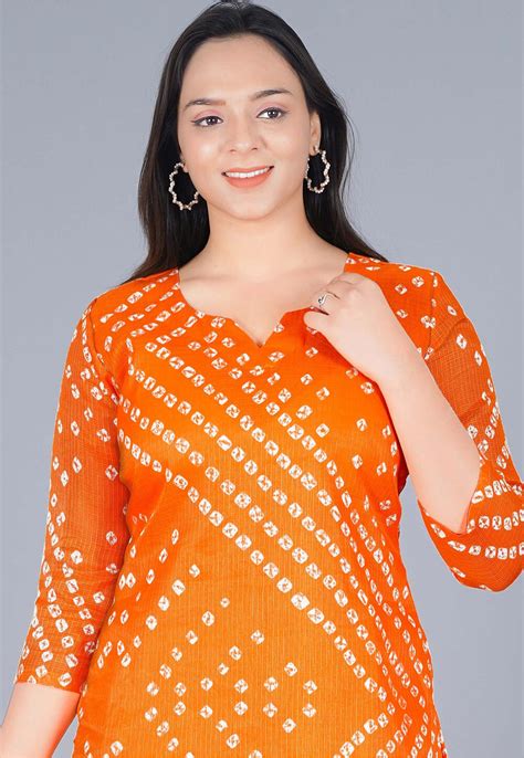 Bandhej Printed Kota Silk Straight Kurta In Orange Tjw2167