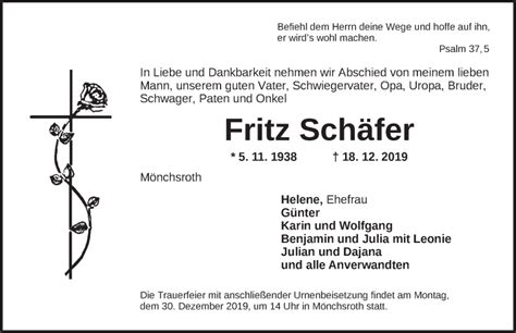 Traueranzeigen Von Fritz Sch Fer Trauer Flz De