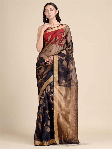 Buy Mitera Black And Gold Toned Floral Zari Pure Silk Jamdani Saree