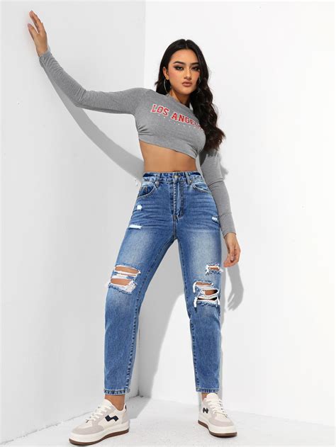 High Waist Ripped Moustache Effect Mom Fit Jeans Shein Uk