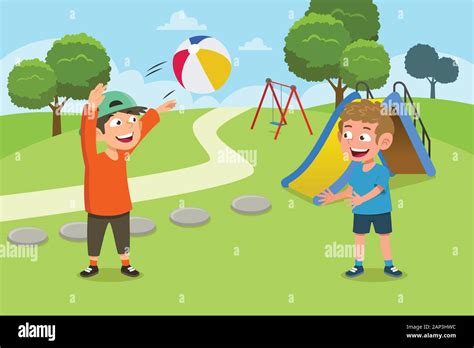 A Vector Illustration Of Kids Playing Ball In The Playground Stock