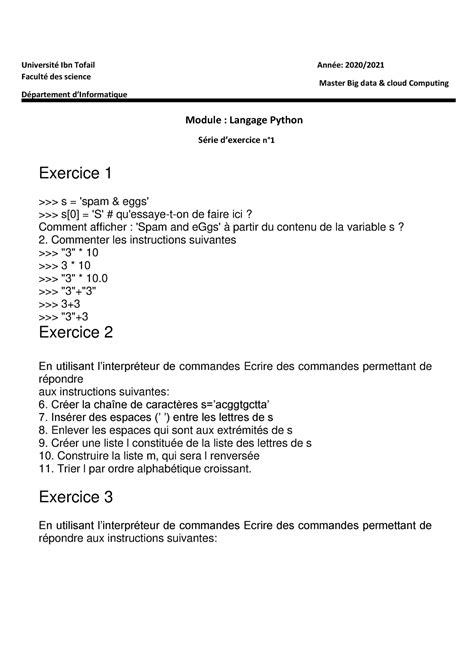 Td2 Travaux Diriges De Module Python Université Ibn Tofail Faculté Des Science Département