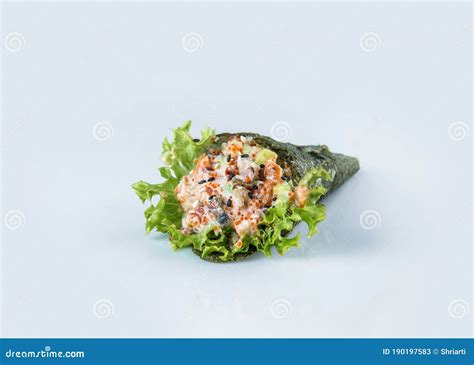 Japanese Temaki Hand Roll Sushi With Maguro Tuna Flying Fish Roe