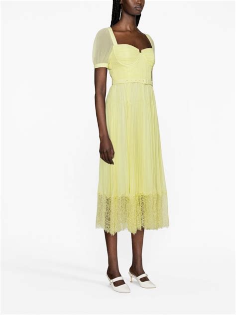 Self Portrait Lace Panel Pleated Midi Dress Yellow Farfetch Uk